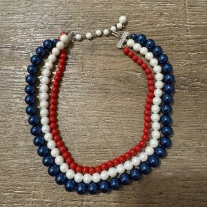 Triple-Strand Red, White & Navy Beaded Necklace